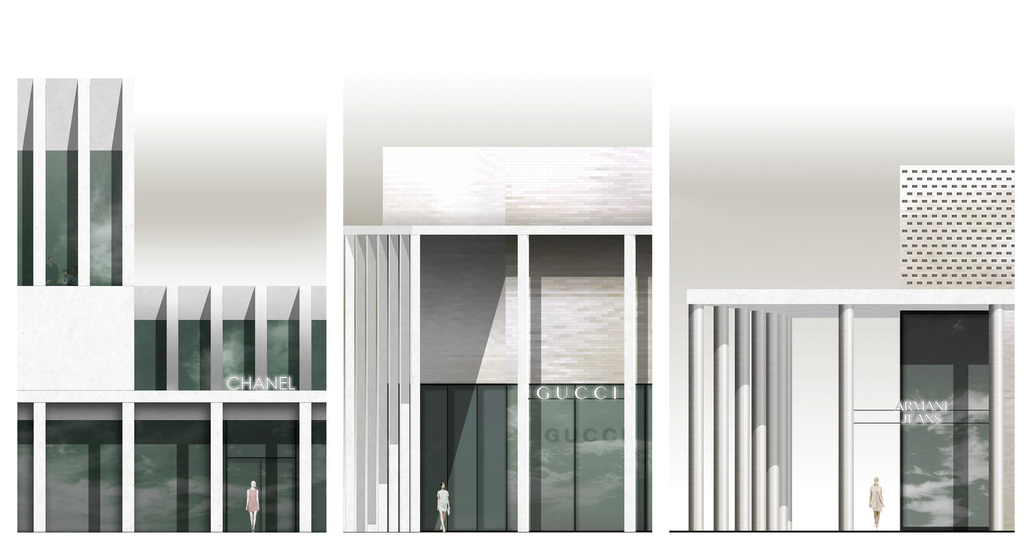 Fassadenansicht der Outlet-City Metzingen mit grazilen Arkaden und moderner Gestaltung, inspiriert von klassischer Einkaufstypologie.