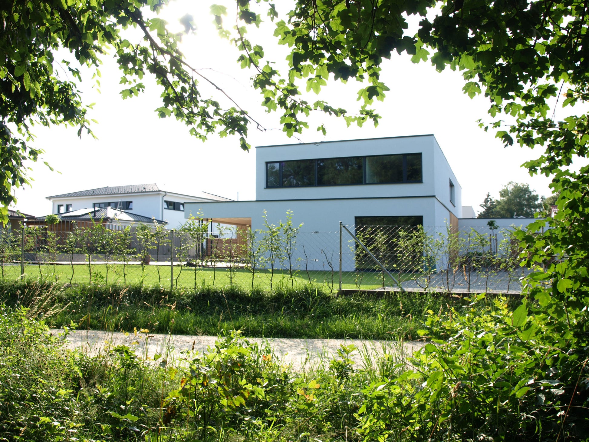 Ansicht eines modernen Wohnhauses mit klarer Geometrie, umgeben von Natur und großzügigen Glasflächen.